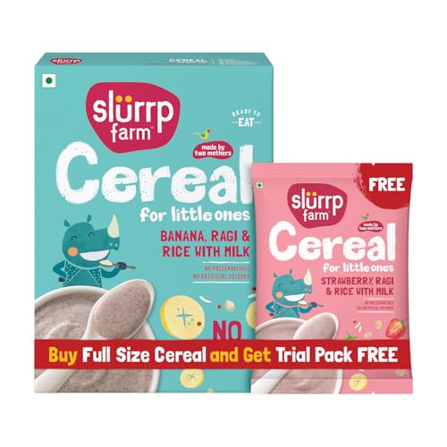 Image of Slurrp Farm No Added Sugar Instant Cereal | Ragi, Rice and Banana with Milk | Free Strawberry Cereal Trial Pack | 200g + Free 50g