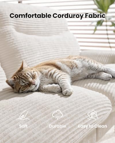 Image of Amada 75 inch Convertible Futon Sofa Bed, Corduroy Folding Futon Set with Adjustable Backrest &Armrests, Recliner Lounge for Living Room, Apartment or Office, Solid Wood Frame, Loveseat Sofa -White