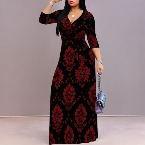 Image of Women's V Neck Floral Maxi Dress 3 /4 Sleeve Plus Size Boho Wrap Flowy Long Dresses with Belt