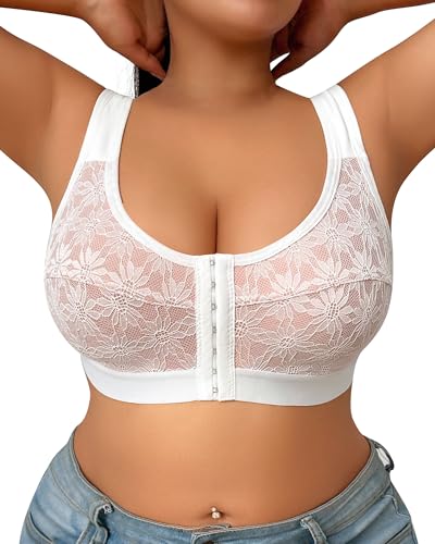 MIOTAN Women Front Closure Bras Plus Size Wireless Comfortable Bralettes with Wide Strap, White