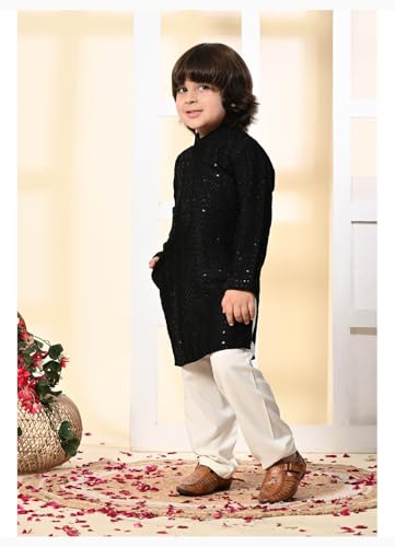 Image of Kids Traditional Black Sequined Kurta with Mandarin Collar, Cotton Blend, Ethnic Formal Wear