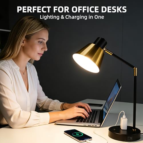Image of Modern Desk Lamp with USB & AC Outlet,270 Swivel (Bulb Not Included) | Adjustable Industrial Table Lamp,E26 Socket for A15 /G45 /T45 Bulbs,Weighted Base,Bedside Lamp for Bedroom, Office, Living Room