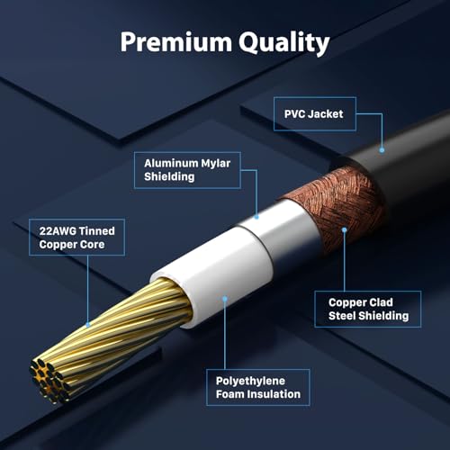 Image of FosPower 35FT RCA Subwoofer Audio Cable S /PDIF 24K Gold Plated Male to Male | Heavy-duty RCA to RCA subwoofer cable featuring 24K gold-plated connectors, dual shielding & corrosion resistance.