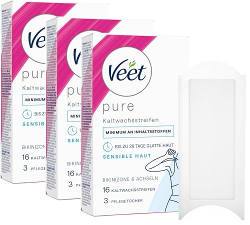 Pack de 3 tiras de cera fría para el bikini y las axilas para una fácil depilación incluso con pelo muy corto, tiras de cera fría Veet, bikini y axilas 3 x 16 unidades