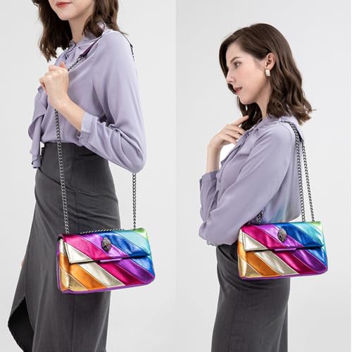 Image of Rejolly Rainbow Stripe Crossbody Shoulder Bag for Women Color Blocking PU Leather Colourful Purse with Chain Strap | PU Leather, with Chain Strap