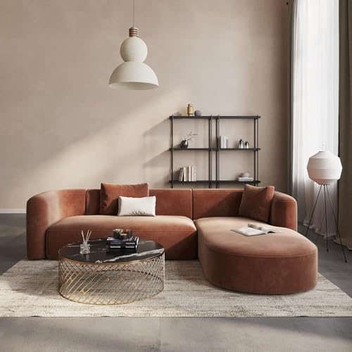 Image of 105 inch Luxury Modern Tight Curved Back Velvet Sofa, Minimalist Style Comfy Couch for Living Room Apartment, L-Shape Chaise, Brown