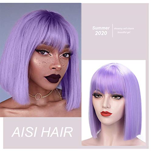 Perruque synthétique thermorésistante noire coupe bob 10 pouces densité 150% avec frange