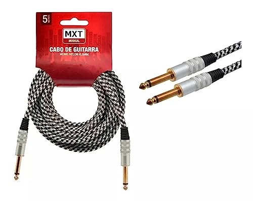 Cabo Guitarra Violão 5m Metros Blindado P10 P10 Têxtil Mxt Preto e Branco