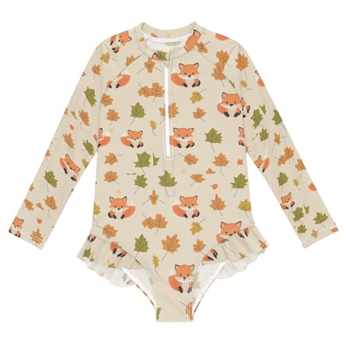Cute Fox and Autumn Leaves Girls Long Sleeve Swimsuit Rash Guard One Piece Bathing Suits Zipper 3-12T
