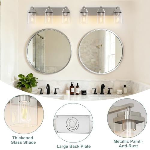 Image of Brushed Nickel Bathroom Light Fixtures, 3 Lights Bathroom Lighting Fixtures Over Mirror, Square Design & Rectangle Large Backplate, Modern Vanity Lighting Fixtures, for Living Room /Bedroom