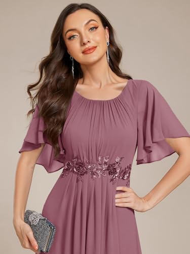 Image of Ever-Pretty Women's Classic Round Neck Pleated Short Sleeves Chiffon Appliques Floor Length A Line Formal Evening Dresses