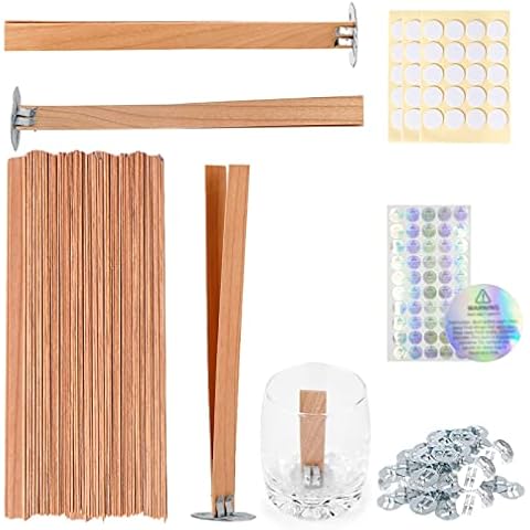 Ziosxin 100 Pcs Smokeless Cherry Wood Candle Wicks, Long Lasting Flame, Easily Burn, Candle Cores with Stand and Glue Dot, Warning Label for DIY Candle Making Cover