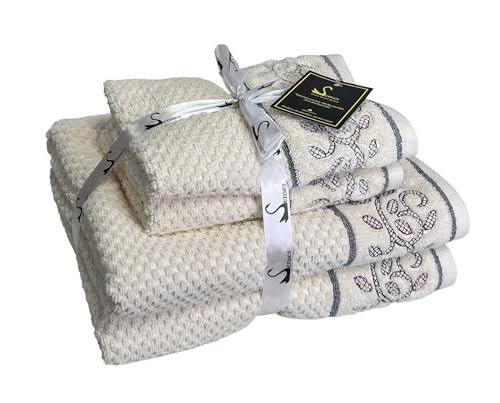 Image of SENSES By Riba Cotton Embroidered Towel Set, 550 GSM Soft & Absorbent, Antimicrobial, Oeko-Tex Certified | Ideal for Home & Gifting, Pack of 4 (2 Bath 27 inchX50 inch + 2 Hand Towels 16 inchX26 inch) - Style 21