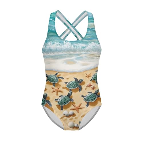 Image of WELLFLYHOM Girls' One Piece Swimsuit for Age 5-14 Cross Back Full Coverage Swimwear Sleeveless Bathing Suits