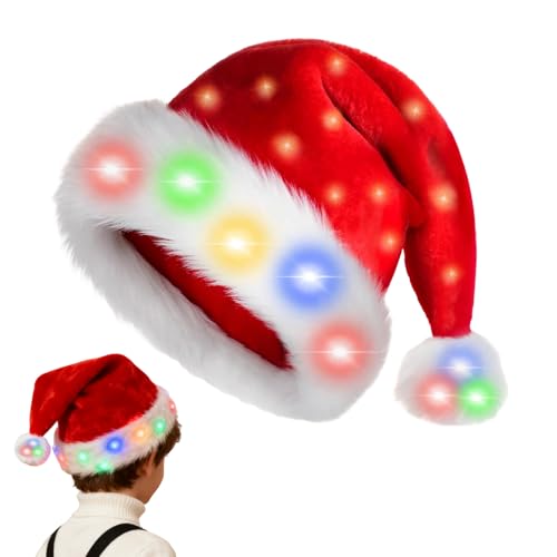xadsiklan Christmas Hats for Kids Adult Santa Hat with Blinking Color-Changing LED Lights Cosplay Headdress Unisex Red Hats for New Year Holiday Party