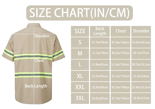 Ousafeve Class 3 Khaki Hi Vis Button Up Safety Work Shirts for Men Reflective (X-Large, Khaki_Short)