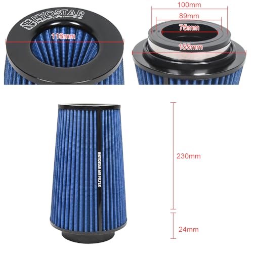Universal 3/3.5/4" (75/89/100mm) High-Flow Air Filter, Reusable Cone Cold Air Intake, High Performance, Clamp-On Car High Flow Air Kit, Flange Diameter: 3/3.5/4 Inch, Height: 10 Inch, BLUE by Kyostar - Used condition - Image 2