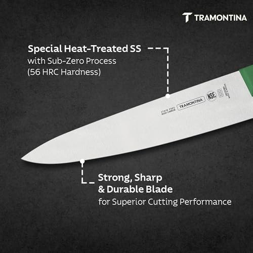 Image of TRAMONTINA Professional Chef Knife 20 cm | Sub-Zero Treated Stainless Steel Blade | Antimicrobial Polypropylene Handle | Heavy-Duty Meat Cutting & Butcher Knife | Green