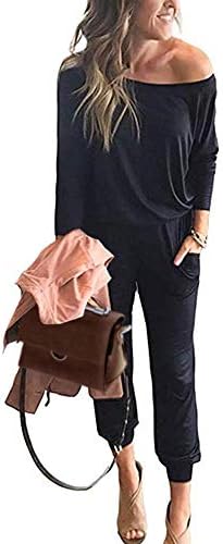 PRETTYGARDEN Women's Casual Long Sleeve Jumpsuit Crewneck One Off Shoulder Elastic Waist Stretchy Romper with Pockets