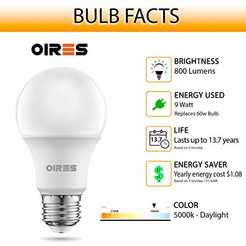 Oires 60W Equivalent Led Light Bulb 800 Lumens A19 Shape Bulbs 5000K Daylight Non-Dimmable Ul Listed 9 Watt E26 Base Suitable For Use In Enclosed Fixtures & Damp Locations thumb #3