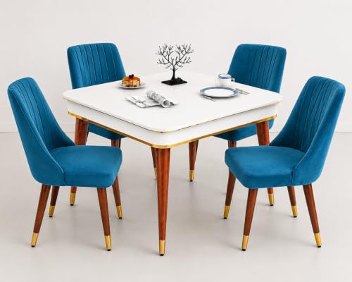 Image of WOODEN SPACE 4 Seater Wooden Dining Table Set | Urban Marble Top Dining Table with Chairs for Dining Room & Kitchen (Modern Frontline Blue) (42 x 42 x 30 inch)