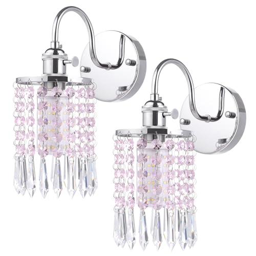 Image of Shenmoyl Set of 2 Crystal Battery Operated Wall Sconce, Rechargeable Battery Powered Wall Lamp with Remote Control, Modern Dimmable Wall Lights for Bedroom Bathroom(Pink, Silver Base)