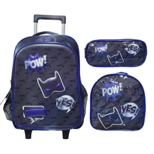 Kit Mochila de Rodinha Lancheira e Estojo Pop Art Yepp (Azul)