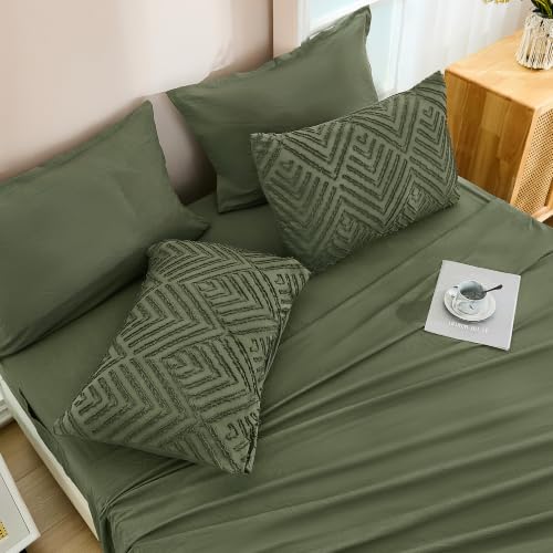 Image of Andency Queen Comforter Set Olive Green - 7 Pieces Bed in a Bag Queen Boho Olive Green Bedding Comforter Sets, Tufted Bed Set with Comforter, Sheets, Pillowcases & Shams