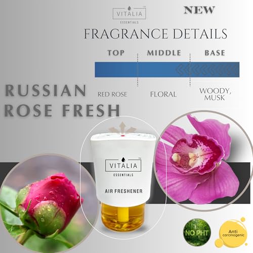 Image of Vitalia Essentials Air Freshener Refill Pack | Room & Bathroom Freshener Refill | 8X Concentrated Formula | 360-Degree Balanced Fragrance Release | Compatible with Other Machines (Russian Rose Fresh)