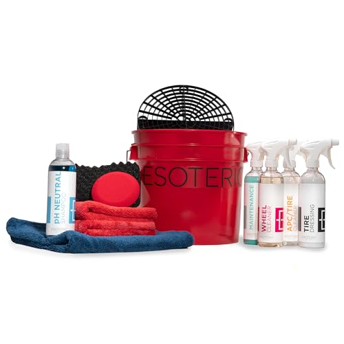 Esoteric Best Car Cleaning Kit | 12 Tools & Supplies | Bucket with Guard, Premium Microfiber Towels, Japanese Wash Sponge, pH Neutral Shampoo, Ceramic Spray, Wheel Cleaner, Tire Shine