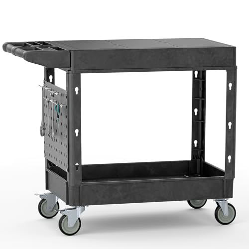 Heavy Duty Utility Service Tool Cart, 39 x 17 in, 2 Shelf Flat Top Rolling Cart with Hanging Board, 550LBS, Swivel Wheels, Ergonomic Handle for Garage, Warehouse, Office, Workshop, Auto Repair