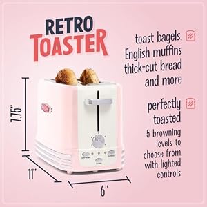 Nostalgia Retro Wide 2 Slice Toaster Vintage Design With Crumb Tray Cord Storage 5 Toasting Levels Pink