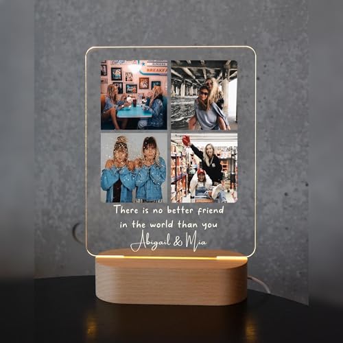 Image of Friendship Day Custom Photo Collage LED Lamp, Personalised Acrylic Night Light for Best Friends, Warm White, Wooden Base, Touch Control, Modern Style (Bestie 7)