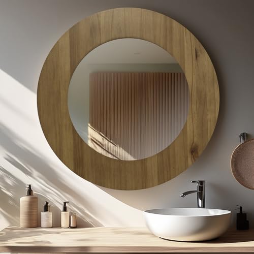 la fabrica del cuadro. Espejo Redondo de Pared en Madera. Ancho de moldura 10 cm. Espejo Decorativo para Salón, Recibidor, Vestidor, Dormitorio y Baño. (Roble, 60l x 60an cm)