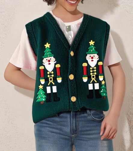 Image of Women Christmas Knit Vest Top Santa Embroidery Sleeveless Button Down Sweater Vest Xmas Snowman Cardigans Tank Top