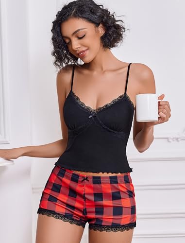 Image of Avidlove Women's Soft Ribbed Knit Cami Pajama Set Sexy V Neck Lace Trim Sleepwear Side Slit Shorts Lingerie Nightwear