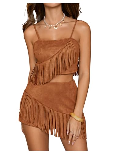 MakeMeChic Womens 2 Piece Summer Outfits Suede Fringe Sleeveless Cami Top and Shorts Cowgirl Sets Brown Small