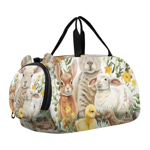 Duffle Bag for Boys or Girls with Shoes Compartment, Lamb Bunny Ducklings Chicken Sports Travel Bag Overnight