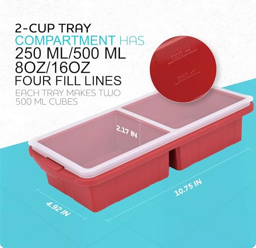 Image of XOMOO Silicone Freezer Tray With Lid-Soup Freezer Container molds-2-cup Extra Large Ice Cube Tray-makes 4 perfect 500ml portions cubes, For freezing soup,stews,sauces.Oven&Dishwasher-Safe(2-Pack)
