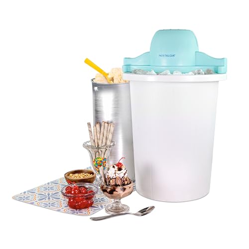 Nostalgia Electric Ice Cream Maker – Parlor Style, Old Fashioned Soft Serve Ice Cream Machine Makes Frozen Yogurt or Gelato in Minutes - Fun Kitchen Appliance – Blue & White - 6 Quart