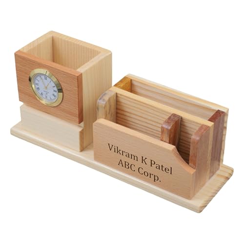 Image of Deskart Customized Multipurpose Pen Holder Stand | Premium Wooden Desk Organizer with Clock, Business Visiting Card and Mobile Holder