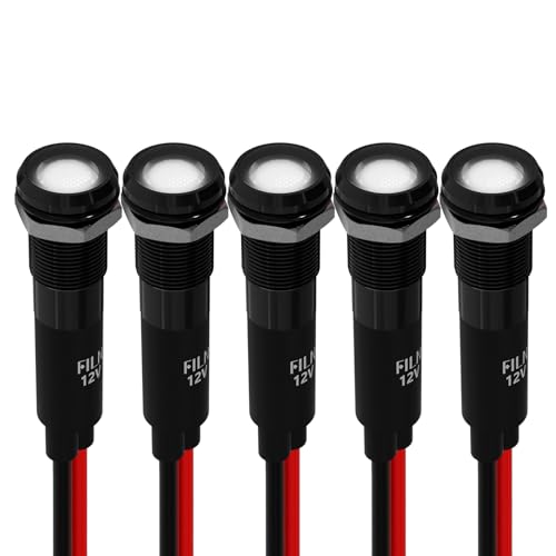 FILN 5個8mm 12-24V 表示灯LEDライト、車内用小型LEDライト、防水信号ランプ パイロットダッシュ方向指示灯 トラック・ボート用 配線付き-亜鉛アルミニウム合金（白）