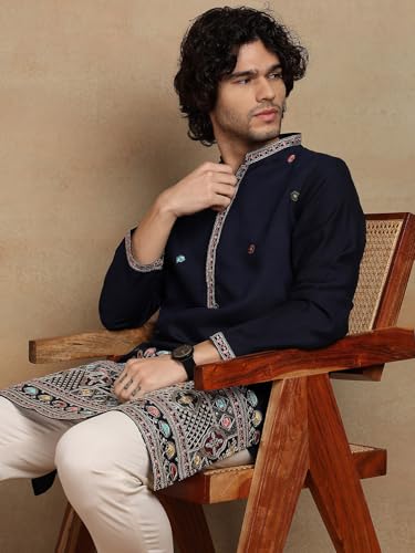 Image of Amazon Brand - Tavasya Men Printed Kurta with Ethnic Motif Border | Special Haldi Kurta | Festive Embellished Long Kurta | Embroidery Kurta | Ethnic Wear | Mandarin Collar | Knee Length