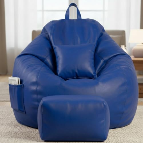 Image of KAM'S LIEU 5XL Luxury Faux Leather Bean Bag with Footrest & Cushion | Pre-Filled High-Density Polystyrene Beans | Premium Leatherette | 6 Months Warranty Color- (Royal Blue, Without Footrest)