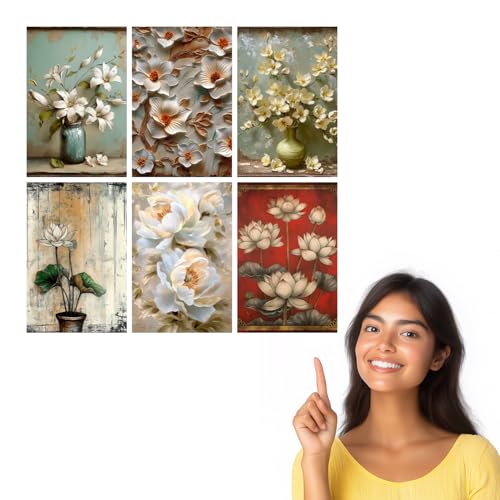 Image of SiddArtify Elegant White Floral Art Print Set - 300GSM Board - 8x12 Inch - Pack of 6 Wall Room Decoration art Poster Prints