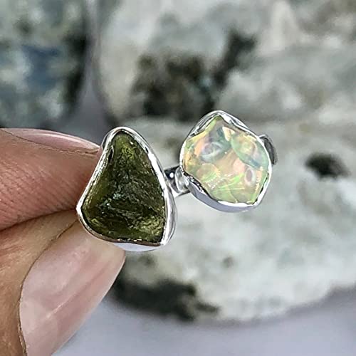 Rough Moldavite Ring & Ethiopian Opal Ring Natural Gemstone 925 Solid Sterling Silver Handmade Jewelry Ring4