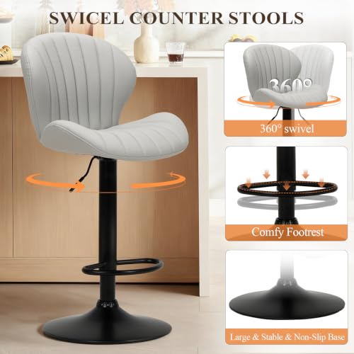 Image of COLAMY Bar Stools Set of 4,Swivel Adjustable Height Leather Bar Chair,Grey