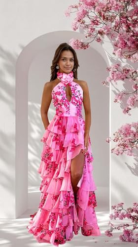Women's Floral Prom Dresses Backless Chiffon Tiered Ruffles Formal Evening Party Dress with Slit4