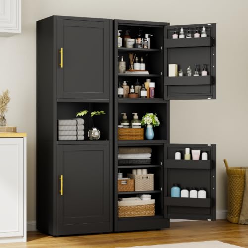 Image of Tall Narrow Pantry Cabinet for Kitchen, 67 inch H Metal Storage Cabinet with Inner Door Storage Racks, Doors & 3 Adjustable Shelves for Dining Room, Living Room, Home Office, 20 inches Wide, Black