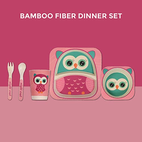 Image of POLKA TOTS Eco Friendly Bamboo Fiber Dinner Set, 5 Pcs Tableware Crockery Set for Weaning Toddler & Self Feeding Baby Utensil Set for Baby Kids (Owl)